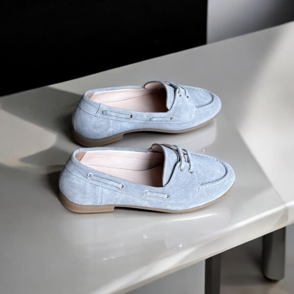 Gri Süet Hakiki Deri Kadın Loafer Ayakkabı