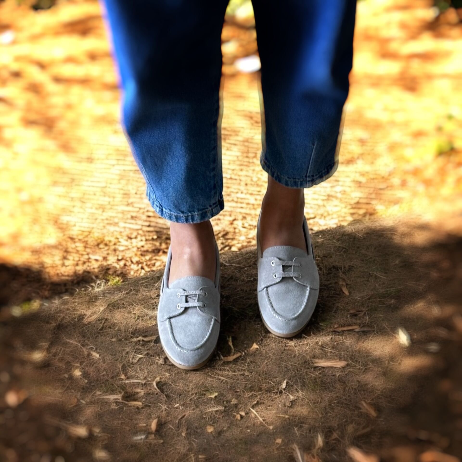 Gri Süet Hakiki Deri Kadın Loafer Ayakkabı