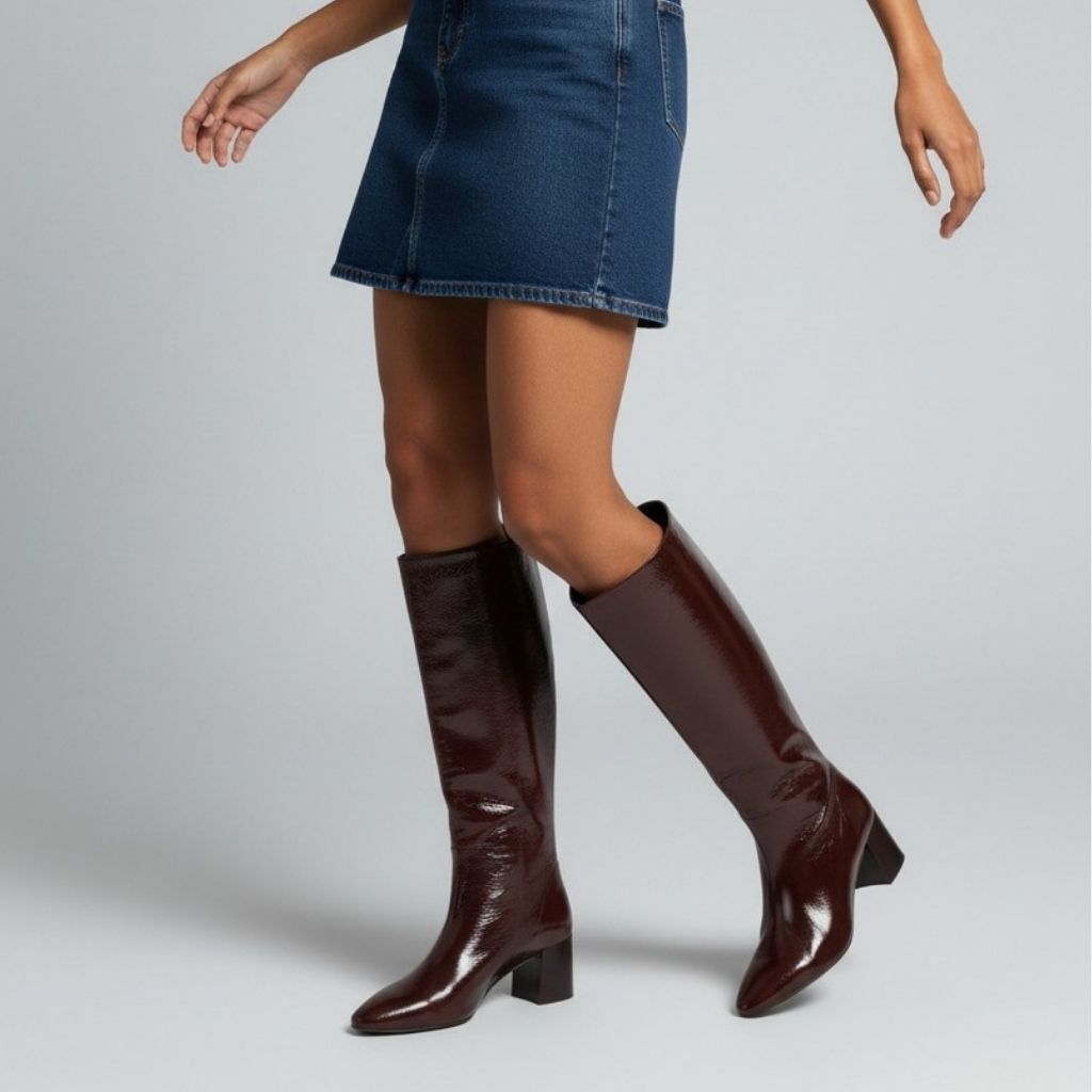 Acı Kahve Kırışık Rugan Sivri Burun Diz Altı Kadın Çizme