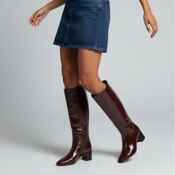 Acı Kahve Kırışık Rugan Sivri Burun Diz Altı Kadın Çizme