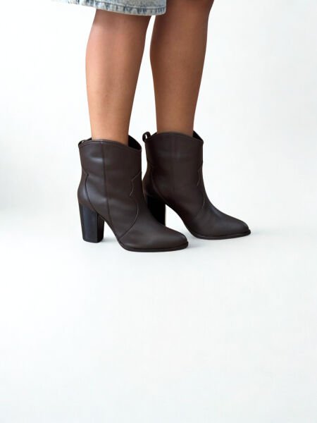 Kahve Deri Kalın Topuklu Kadın Western Bot