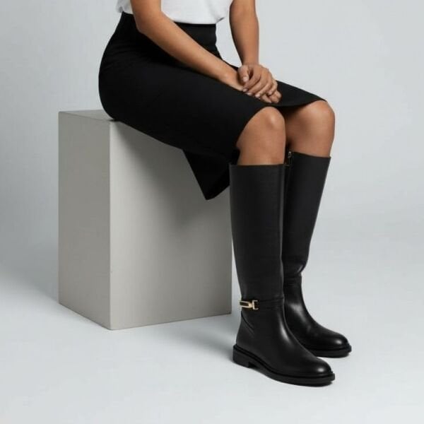 Siyah Deri Gold Aksesuarlı Diz Altı Kadın Çizme