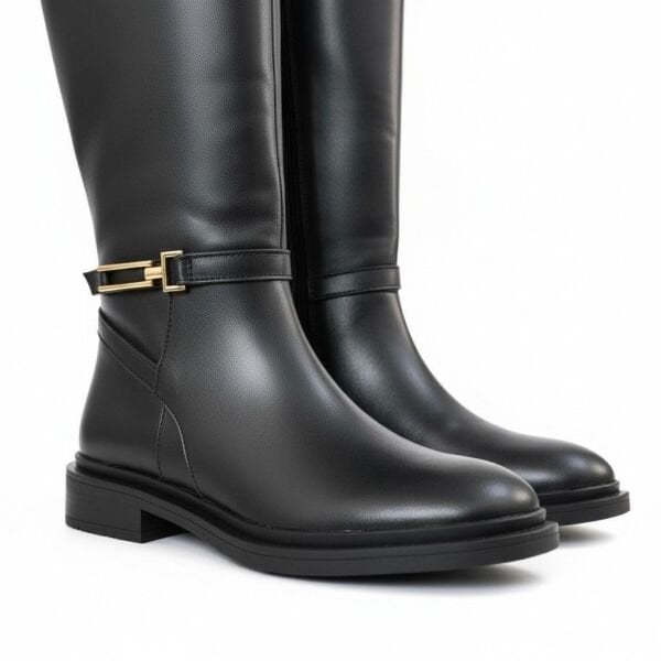 Siyah Deri Gold Aksesuarlı Diz Altı Kadın Çizme