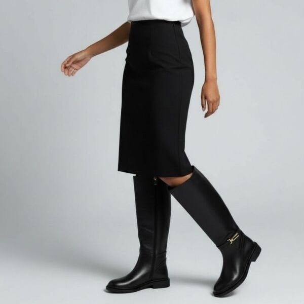 Siyah Deri Gold Aksesuarlı Diz Altı Kadın Çizme