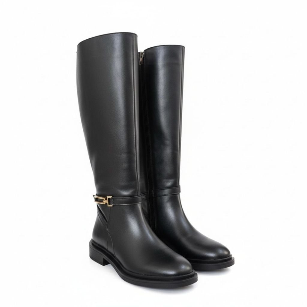 Siyah Deri Gold Aksesuarlı Diz Altı Kadın Çizme