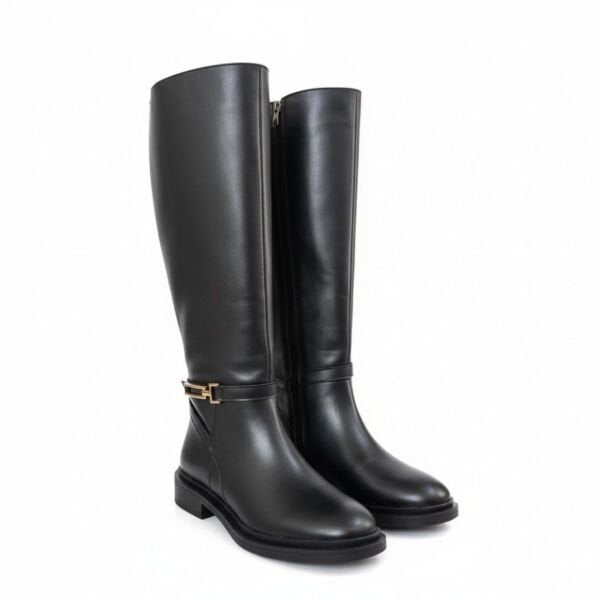 Siyah Deri Gold Aksesuarlı Diz Altı Kadın Çizme