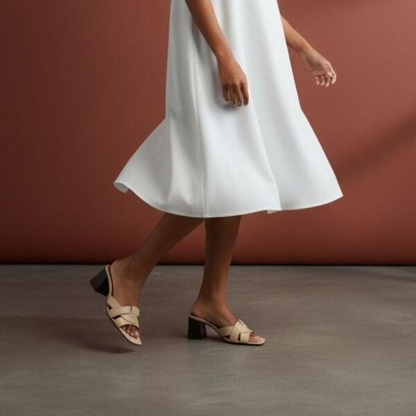 Bej Deri Çapraz Bantlı Kadın Topuklu Terlik