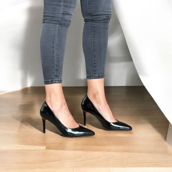Siyah Kırışık Rugan Hakiki Deri Stiletto Siyah - 40