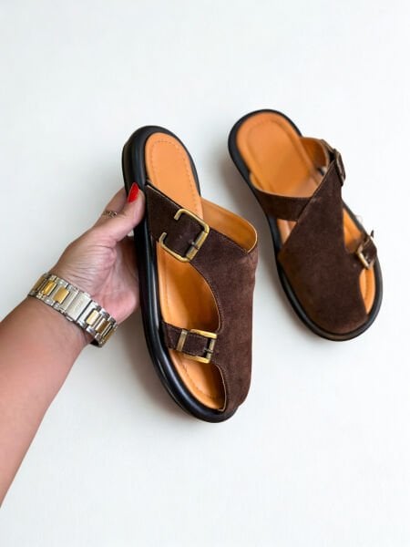 Kahve Süet Hakiki Deri İki Tokalı Kadın Sabo Terlik