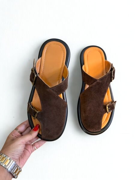 Kahve Süet Hakiki Deri İki Tokalı Kadın Sabo Terlik