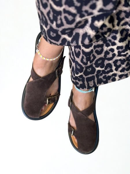 Kahve Süet Hakiki Deri İki Tokalı Kadın Sabo Terlik