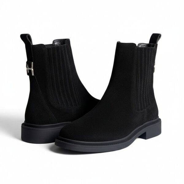 Siyah Süet Hakiki Deri İki Yandan Lastikli Gold AksesuarlıKadın Chelsea Bot