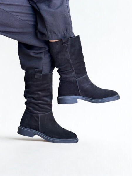 Siyah Süet Hakiki Deri Körüklü Rahat Kadın Günlük Çizme