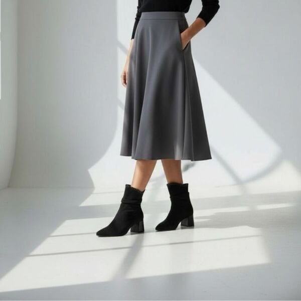 Siyah Süet Hakiki Deri Biye Detaylı Sivri Burun Kadın Kalın Topuklu Bot