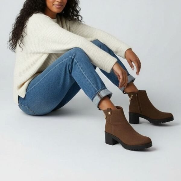 Kahve Kadife Deri Gold Zincir Detaylı Kadın Kalın Topuklu Bot