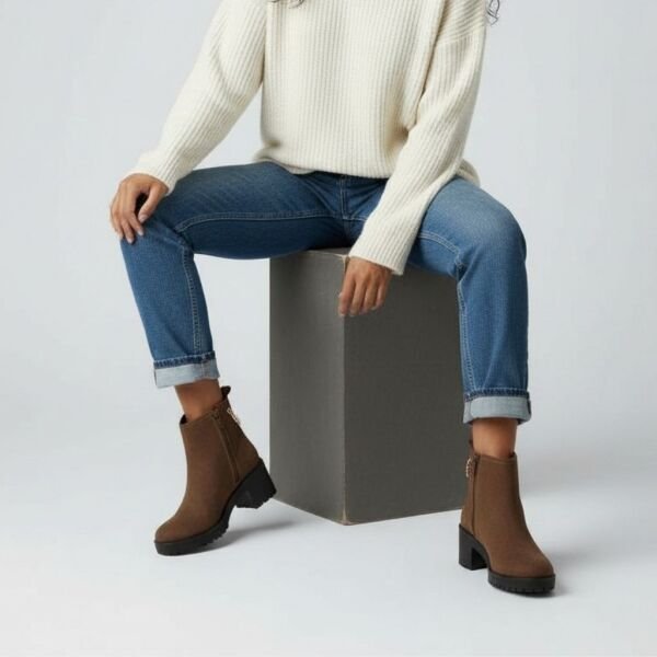 Kahve Kadife Deri Gold Zincir Detaylı Kadın Kalın Topuklu Bot