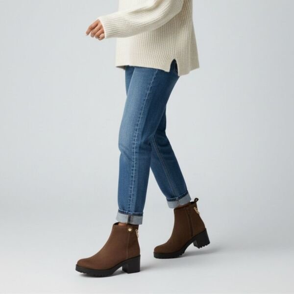 Kahve Kadife Deri Gold Zincir Detaylı Kadın Kalın Topuklu Bot