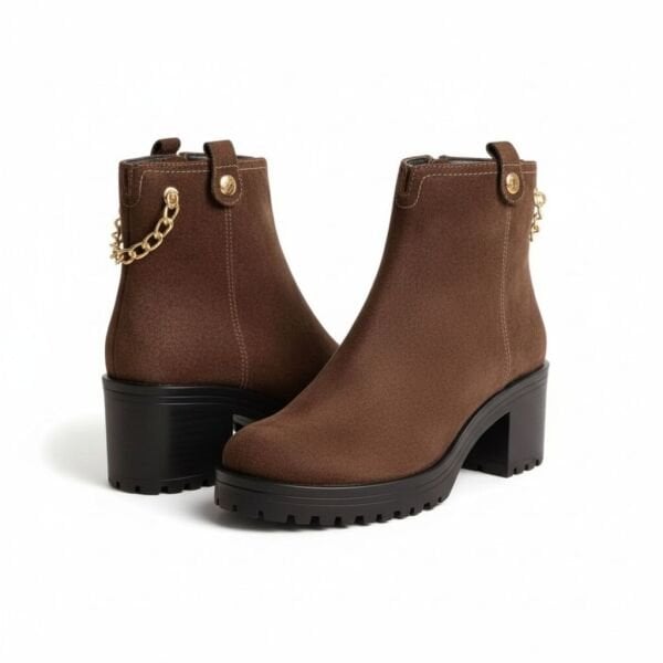 Kahve Kadife Deri Gold Zincir Detaylı Kadın Kalın Topuklu Bot