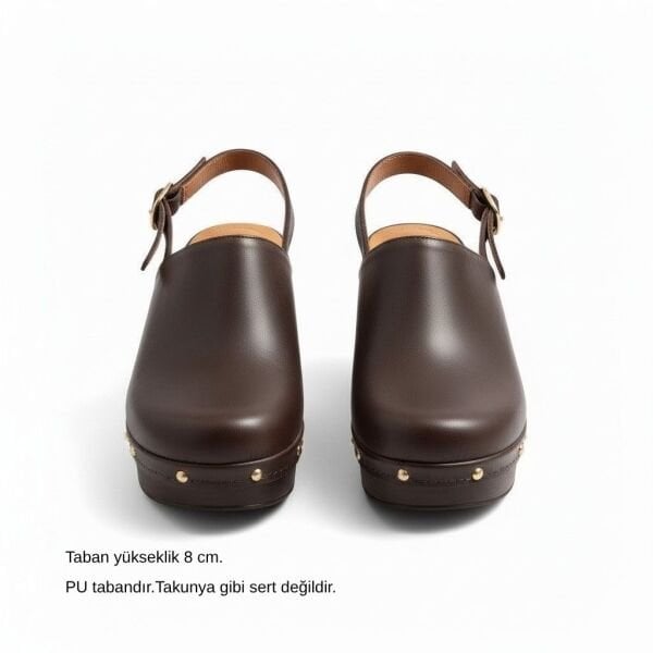 Kahve Deri Hafif Tabanlı Tokalı Kadın Takunya Terlik