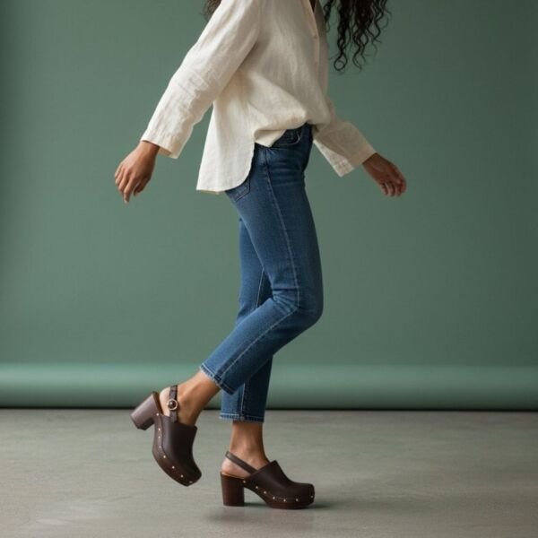 Kahve Deri Hafif Tabanlı Tokalı Kadın Takunya Terlik