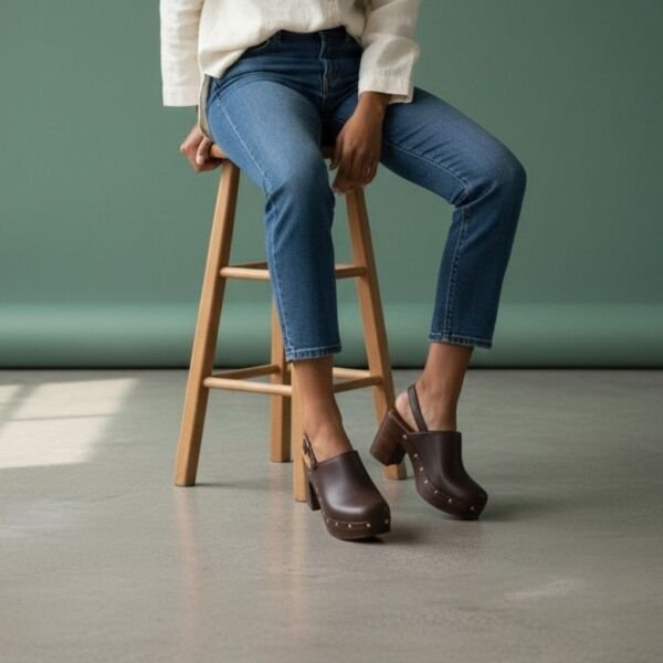 Kahve Deri Hafif Tabanlı Tokalı Kadın Takunya Terlik