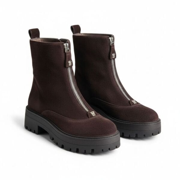 Kahve Süet Hakiki Deri Gold Aklsesuarlı Önden Metal Fermuarlı Kadın Kalın Tabanlı Bot