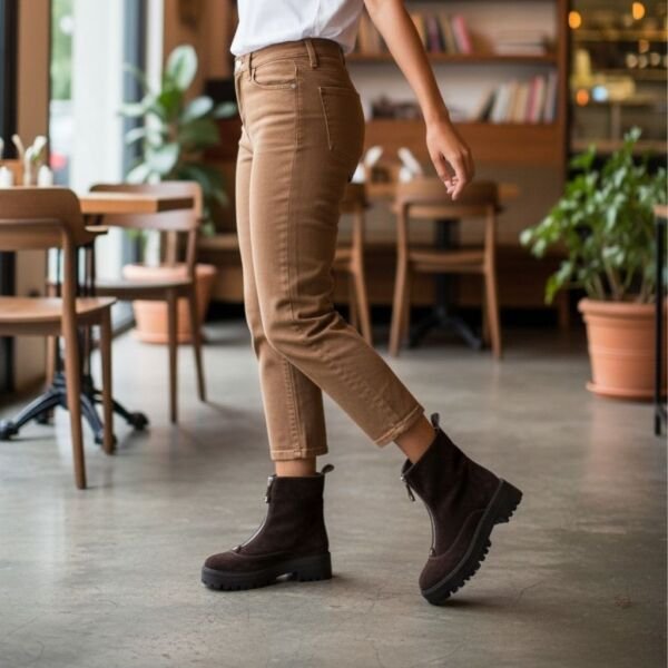 Kahve Süet Hakiki Deri Gold Aklsesuarlı Önden Metal Fermuarlı Kadın Kalın Tabanlı Bot