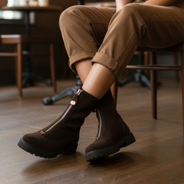 Kahve Süet Hakiki Deri Gold Aklsesuarlı Önden Metal Fermuarlı Kadın Kalın Tabanlı Bot