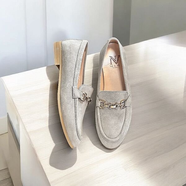 Gri Süet Hakiki Deri Zincirli Kadın Loafer Ayakkabı