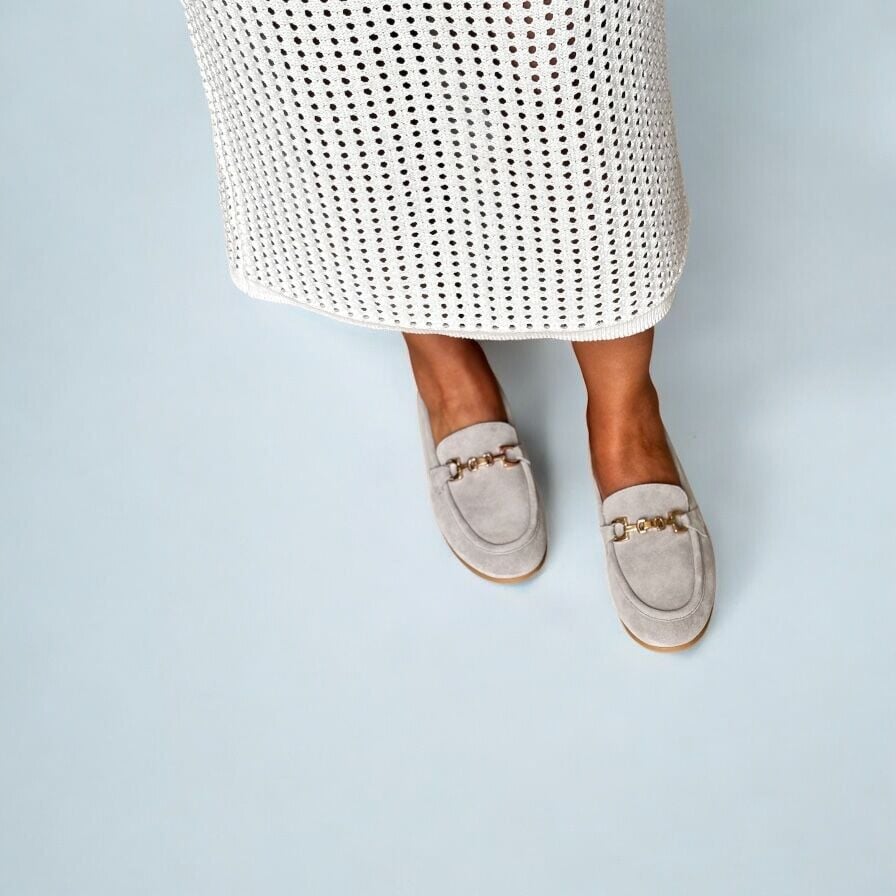 Gri Süet Hakiki Deri Zincirli Kadın Loafer Ayakkabı