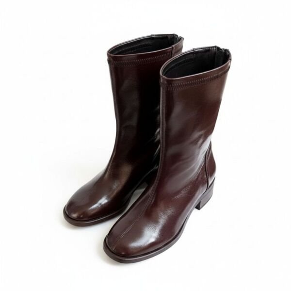 Kahve Rugan Arkadan Fermuarlı Kadın Kalın Topuklu Şık ve Rahat Bot