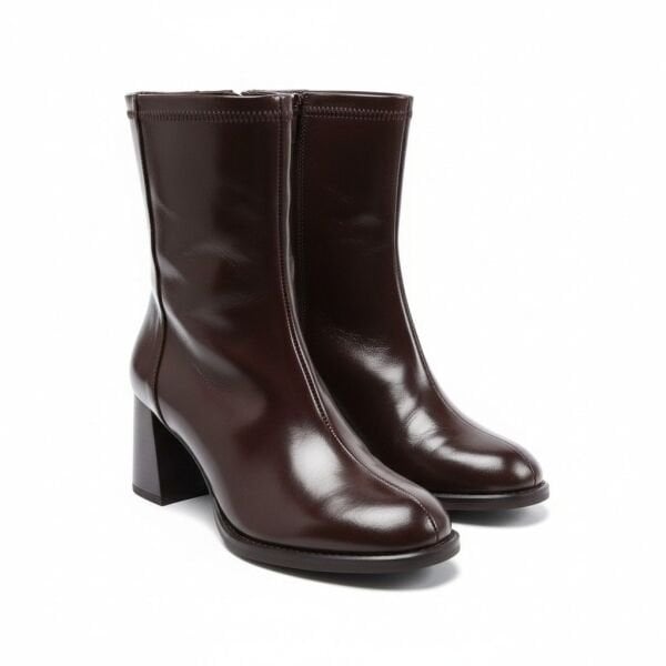 Kahve Rugan Arkadan Fermuarlı Kadın Kalın Topuklu Şık ve Rahat Bot