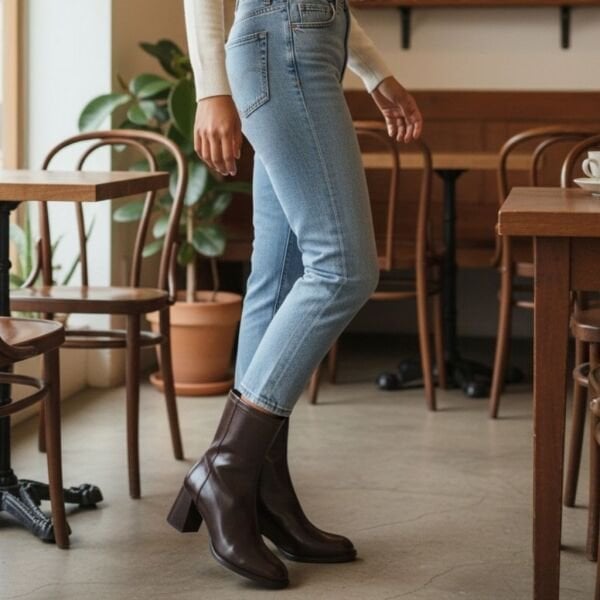 Kahve Rugan Arkadan Fermuarlı Kadın Kalın Topuklu Şık ve Rahat Bot