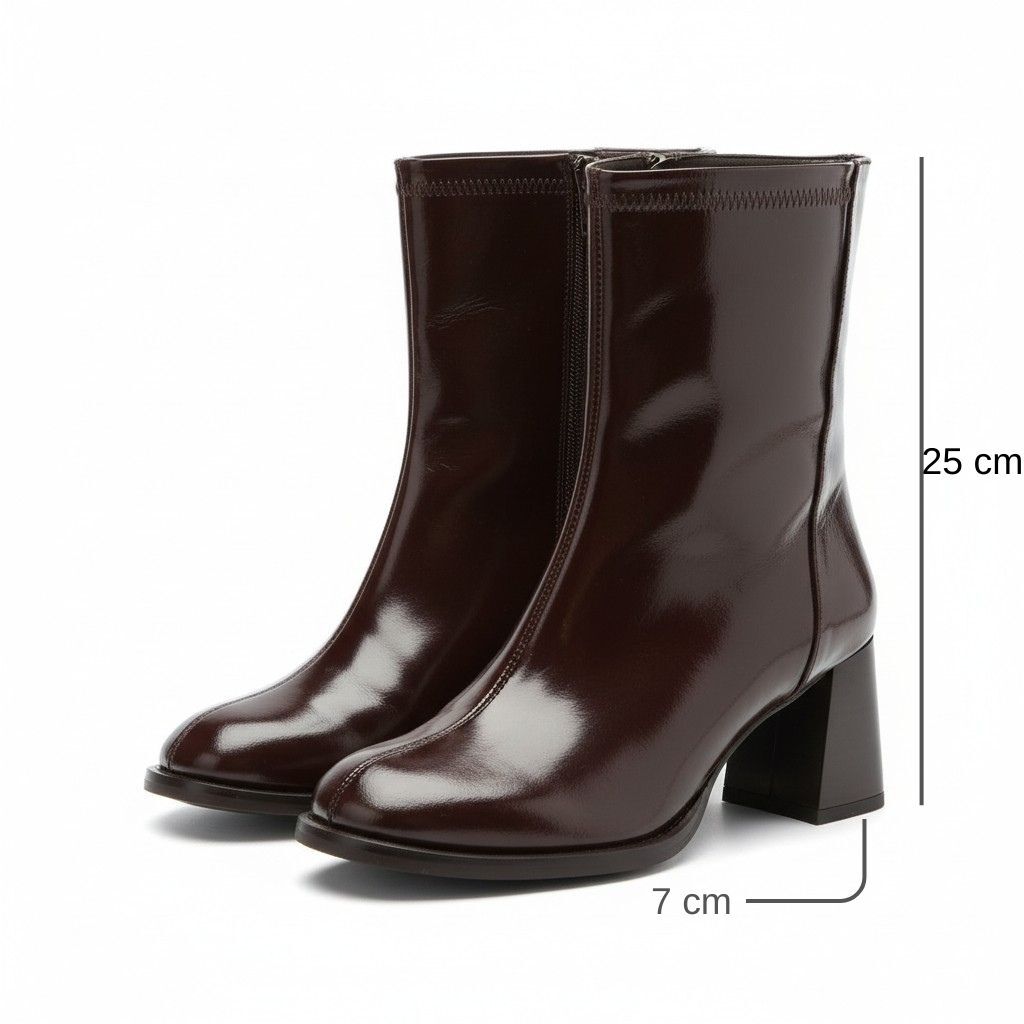 Kahve Rugan Arkadan Fermuarlı Kadın Kalın Topuklu Şık ve Rahat Bot