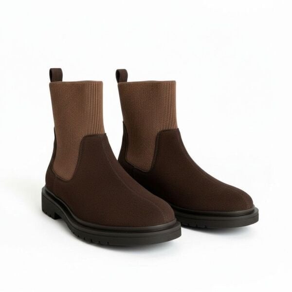 Kahve Süet Hakiki Deri Lastikli Kadın Yuvarlak Burunlı Bot