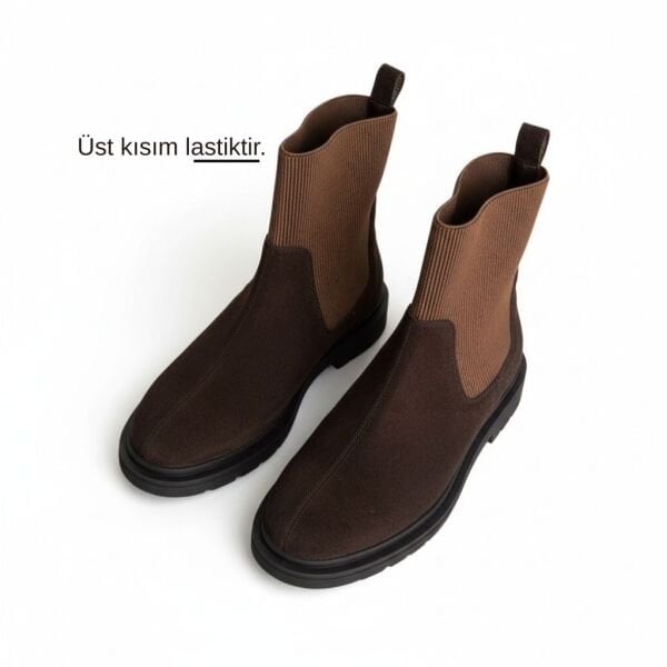 Kahve Süet Hakiki Deri Lastikli Kadın Yuvarlak Burunlı Bot