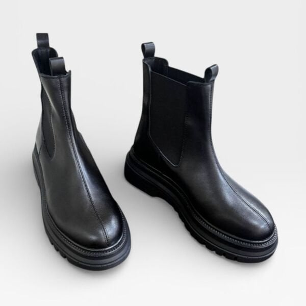 Siyah Hakiki Deri iki Yandan Lastikli Kadın Kalın Tabanlı Rahat Chelse Bot