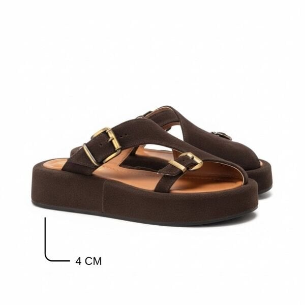 Kahve Süet İki Tokalı Kalın Kaplama Tabanlı Kadın Terlik