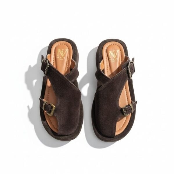 Kahve Süet İki Tokalı Kalın Kaplama Tabanlı Kadın Terlik