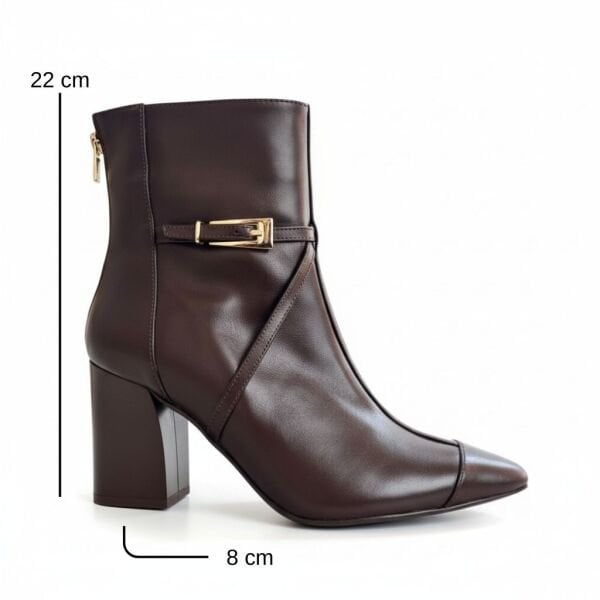 Kahve Deri Arkadan Fermuarlı Gold Aksesuarlı Kadın Sivri Burunlu Kalın Topuklu Bot