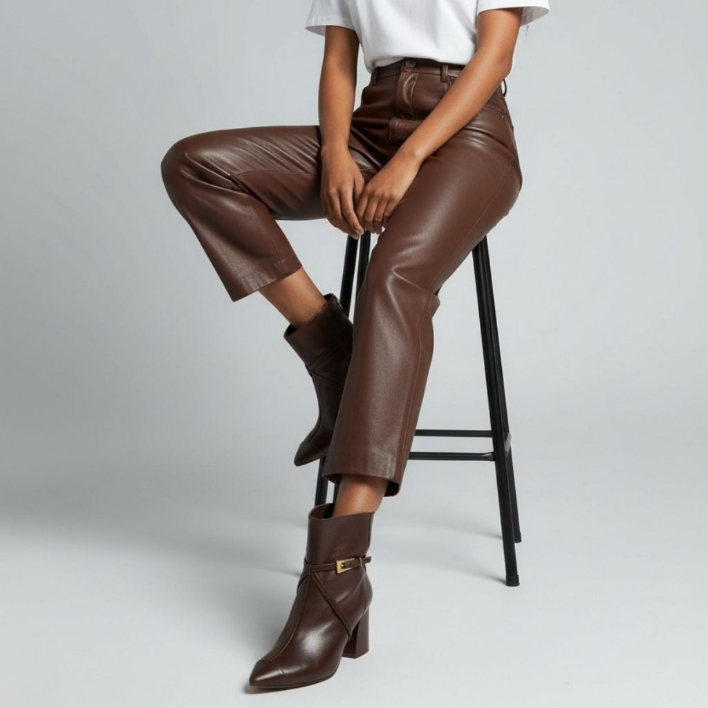 Kahve Deri Arkadan Fermuarlı Gold Aksesuarlı Kadın Sivri Burunlu Kalın Topuklu Bot