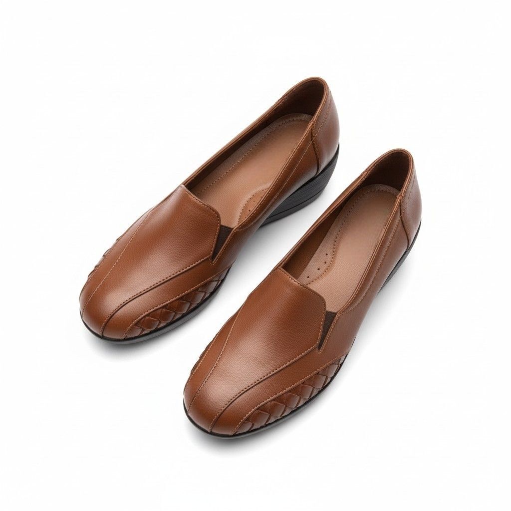 Taba Deri Örgü Detaylı İki Yandan Lastikli Kadın Feta Tabanlı Ortopedik Ayakkabı