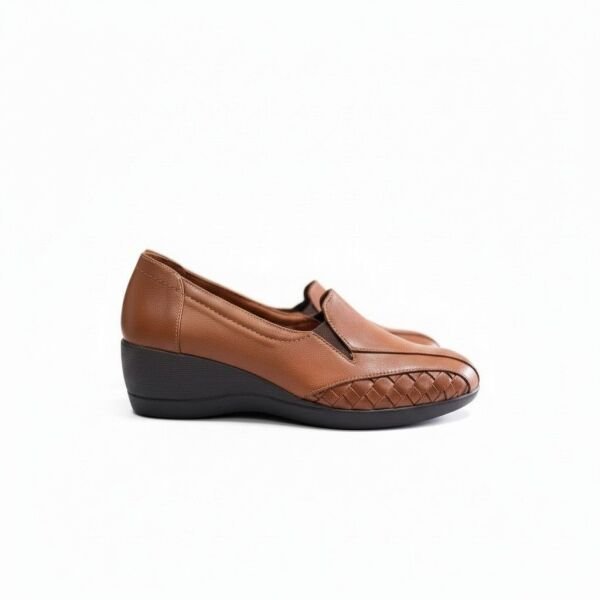 Taba Deri Örgü Detaylı İki Yandan Lastikli Kadın Feta Tabanlı Ortopedik Ayakkabı