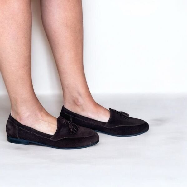 Kahve Süet Hakiki Deri Püsküllü Kadın Loafer Ayakkabı