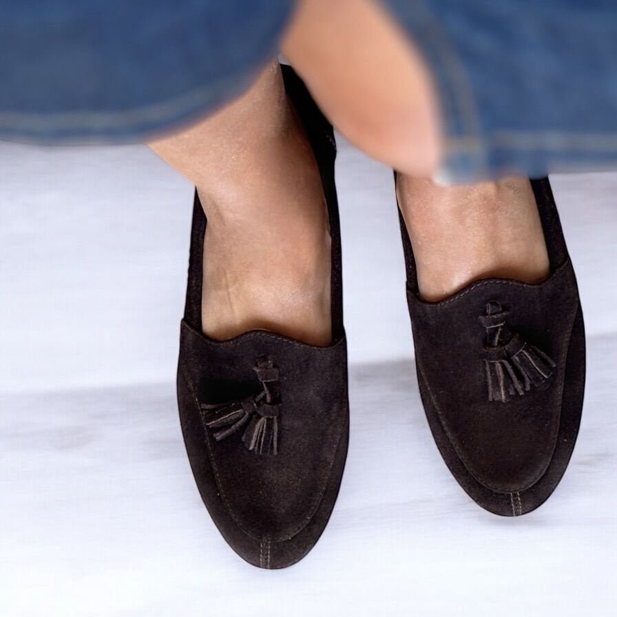 Kahve Süet Hakiki Deri Püsküllü Kadın Loafer Ayakkabı