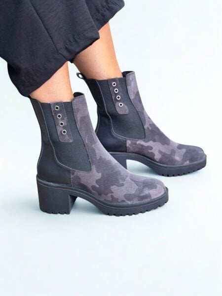 Gri Kamuflaj Süet Hakiki Deri İki Yandan Lastikli Kadın Kalın Topuklu Chelsea Bot