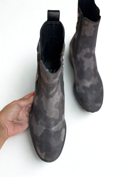 Gri Kamuflaj Süet Hakiki Deri İki Yandan Lastikli Kadın Kalın Topuklu Chelsea Bot