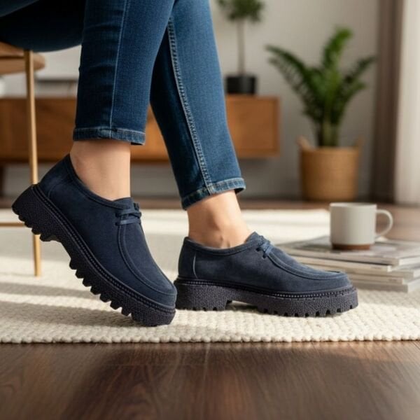Lacivert Süet Hakiki Deri Bağcıklı Lacivert Tabanlı Kadın Günlük Casual Ayakkabı