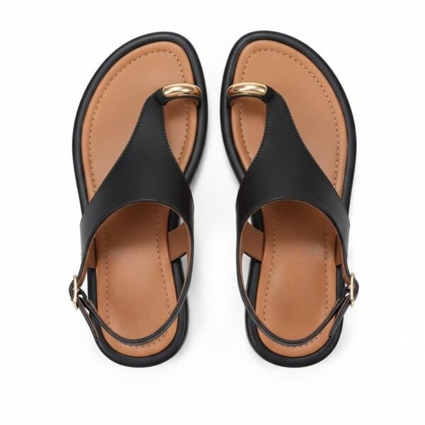 Siyah Hakiki Deri Aksesuar Detaylı Parmak Arası Kadın Arkadan Tokalı Sandalet
