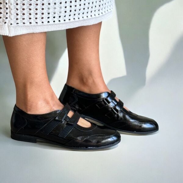 Siyah Kırışık Rugan Cırtlı Hakiki Deri Babet